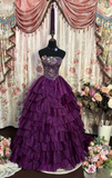 Vintage Ball Gown Strapless Grape Tulle Beaded Long Quinceanera Dress Sweet 15 16 Dresses HZ0311