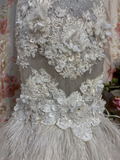 Retro Mermaid Strapless Tulle Lace Feathers 60s White Fitted Corset Wedding Dress Bride Gowns Wedding Dresses HZ0311