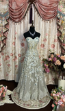 Retro A Line Strapless Gray Tulle With Lace Long Prom Dresses 80s 70s Prom Gowns HZ0311