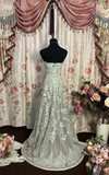 Retro A Line Strapless Gray Tulle With Lace Long Prom Dresses 80s 70s Prom Gowns HZ0311