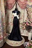 Retro Mermaid Strapless Black Satin Long Prom Dresses 80s 70s Prom Gowns HZ0311