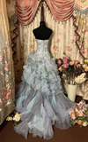 Retro Mermaid Strapless Silver Gray Lace Long Prom Dresses 80s 70s Party Prom Gowns HZ0311