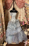 Retro Mermaid Strapless Silver Gray Lace Long Prom Dresses 80s 70s Party Prom Gowns HZ0311