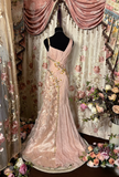 Retro Mermaid Strap Blush Pink Tulle Long Prom Dresses 80s 70s Party Prom Gowns HZ0311