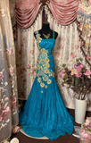Retro Mermaid Spaghetti Straps Gold Lace Long Prom Dresses 80s 70s Party Prom Gowns HZ0311