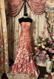 Elegant Mermaid Strapless Sleeveless Pink Satin Floor Length Prom Dresses Party Gowns HZ0311