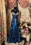 Vintage Mermaid Spaghetti Strap Navy Blue Taffeta Long Prom Dresses Formal Party Teens Evening Gowns HZ0311
