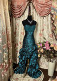 Vintage Mermaid High Low Spaghetti Strap Teal Taffeta Long Prom Dresses Formal Party Teens Evening Gowns HZ0311