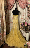 Vintage Mermaid Spaghetti Strap Gold Tulle With Beads Gem Long Prom Dresses Formal Party Teens Evening Gowns HZ0311
