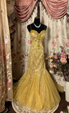Vintage Mermaid Spaghetti Strap Gold Tulle With Beads Gem Long Prom Dresses Formal Party Teens Evening Gowns HZ0311
