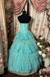 Vintage Ball Gown Strapless Blue Tulle With Beads Prom Dress Long Quinceanera Dresses Sweet 15 16 Gown HZ0311