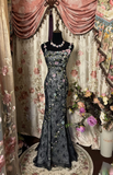 Vintage Mermaid Spaghetti Strap Gray Tulle With Beads Gem Long Prom Dresses Formal Party Teens Evening Gowns HZ0311