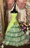 Vintage Ball Gown Spaghetti Strap Bud Green Sleeveless Multi Layers Prom Dress Long Quinceanera Dresses Sweet 15 16 Birthday Gown HZ0311
