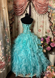 Vintage Ball Gown Sweetheart Blue With Gold Beads Ruffle Layers Long Quinceanera Dresses Sweet 15 16 Birthday Gown HZ0311