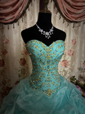 Vintage Ball Gown Sweetheart Blue With Gold Beads Ruffle Layers Long Quinceanera Dresses Sweet 15 16 Birthday Gown HZ0311