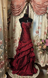 Vintage Mermaid Sweetheart Sleeveless With Silver Beads Burgundy Taffeta Long Prom Dresses Formal Evening Gowns HZ0311