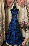 Vintage Mermaid Sweetheart 70s Sleeveless With Silver Beads Royal Blue Taffeta Long Prom Dresses Formal Evening Gowns HZ0311