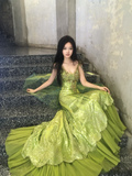 Vintage Mermaid V Neck Sequins Green With Beads Gem Long Prom Dresses Formal Party Teens Evening Gowns HZ0311