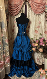 Vintage Mermaid Sweetheart Navy Blue 70s Sleeveless With Ruffles Long Prom Dresses Formal Evening Gowns HZ0311