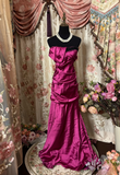 Vintage Mermaid Strapless Fuchsia Satin 70s Sleeveless With Ruffles Long Prom Dresses Formal Evening Gowns HZ0311