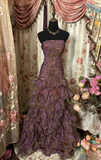 Vintage Mermaid Strapless Purple Organza 70s Sleeveless With Ruffles Long Prom Dresses Formal Evening Gowns HZ0311