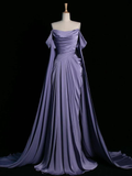 Modest Mermaid Off The Shoulder Light Grape Satin Long Prom Dresses Party Dress Princess Graduation Dress HZ0311