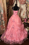 Dazzling Ball Gown Spaghetti Strap Pink Tulle With Appliques Ruffle Layers Long Quinceanera Dresses Sweet 15 16 Birthday Gown HZ0311