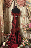 Vintage Mermaid Strapless Burgundy Dark Red Taffeta Prom Dresses Formal Party Teens Evening Gowns HZ0311