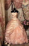 Noble Ball Gown Strapless Blush Pink Taffeta With Lace Ruched Ruffles Long Quinceanera Dresses Sweet 15 16 Birthday Gown HZ0311