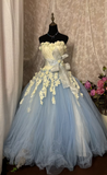 Unique Ball Gown Strapless Blue Tulle With Appliqued Lace Long Quinceanera Dresses Sweet 15 16 Birthday Gown HZ0311