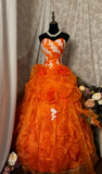 Unique Ball Gown Sweetheart Orange Tulle With Appliqued Lace Long Quinceanera Dresses Sweet 15 16 Birthday Gown HZ0311
