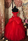 Princess Ball Gown Strapless Red Tulle With Ruffles Ruched Long Aesthetic Quinceanera Dresses Sweet 15 16 Birthday Gown HZ0311