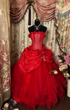 Princess Ball Gown Strapless Red Tulle With Ruffles Ruched Long Aesthetic Quinceanera Dresses Sweet 15 16 Birthday Gown HZ0311