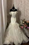 Vintage Mermaid Off The Shoulder Lace White Tulle With Appliqued Long Bride Dress Long Bride Dress Classy Wedding Dresses HZ0311