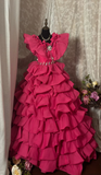 Princess Ball Gown V Neck Hot Pink With Ruffles Ruched Long Aesthetic Quinceanera Dresses Sweet 15 16 Birthday Gown HZ0311