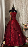 Princess Ball Gown Strapless Burgundy Dark Red With Ruffles Ruched Long Aesthetic Quinceanera Dresses Sweet 15 16 Birthday Gown HZ0311