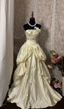 Vintage Ball Gown Strapless 60s Taffeta Ivory Lace With Appliqued Long Bride Dress Long Bride Dress Classy Wedding Dresses HZ0311