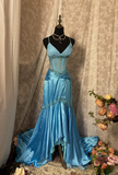 Vintage Prom Dress Outfit A line Spaghetti Straps Blue Long Prom Dresses Formal Evening Gowns HZ0311