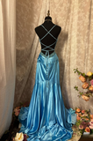 Vintage Prom Dress Outfit A line Spaghetti Straps Blue Long Prom Dresses Formal Evening Gowns HZ0311