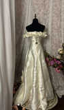 Vintage Elegant Ball Gown Off The Shoulder 60s Satin Ivory With Flowers Long Bride Dress Long Bride Dress Classy Wedding Dresses HZ0311