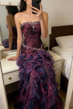 Vintage Prom Dress Outfit Mermaid Strapless Dark Purple Ruched Long 90s Prom Dresses Formal Evening Gowns HZ0311