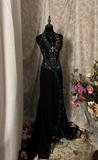 Vintage Prom Dress Outfit Mermaid Halter V Neck Black Beaded Long 90s Prom Dresses Formal Evening Gowns HZ0311