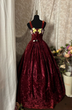 Princess Ball Gown Straps Burgundy Velvet With Lace Appliqued Long Aesthetic Quinceanera Dresses Sweet 15 16 Birthday Gown HZ0311