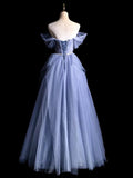 Modest Prom Dress Outfit Ball Gown Off The Shoulder Blue Tulle Long Prom Dresses Formal Evening Gowns HZ0311