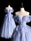 Modest Prom Dress Outfit Ball Gown Off The Shoulder Blue Tulle Long Prom Dresses Formal Evening Gowns HZ0311