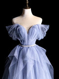 Modest Prom Dress Outfit Ball Gown Off The Shoulder Blue Tulle Long Prom Dresses Formal Evening Gowns HZ0311