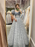 Gorgeous A Line Sweetheart Blue Tulle Sequins Prom Dresses Formal Party Teens Evening Gowns HZ0311