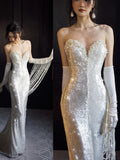 Gorgeous Mermaid Sweetheart White Beads Sequins Prom Dresses Formal Party Teens Evening Gowns HZ0311