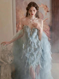 Vintage Mermaid Sweetheart Light Sky Blue Tulle Beaded Feathers Long Prom Dresses Formal Party Teens Evening Gowns HZ0311