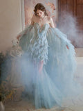 Vintage Mermaid Sweetheart Light Sky Blue Tulle Beaded Feathers Long Prom Dresses Formal Party Teens Evening Gowns HZ0311
